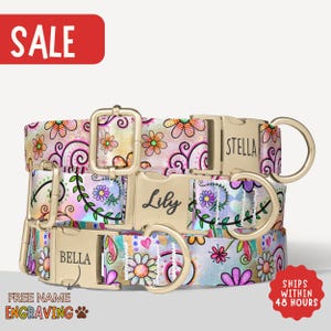Flower Dog Collar Girl Dog Collar Personalized Dog Collars with Name Watercolor Dog Collar With Leash Engraved Pet Name Collar Summer PP-293