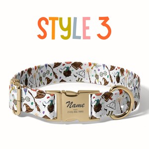 A colorful dog collar with a pattern of various objects, including a witch's hat, broom, and other whimsical items, printed on it. The collar has a gold buckle and the text "STYLE 3" is displayed above it.
