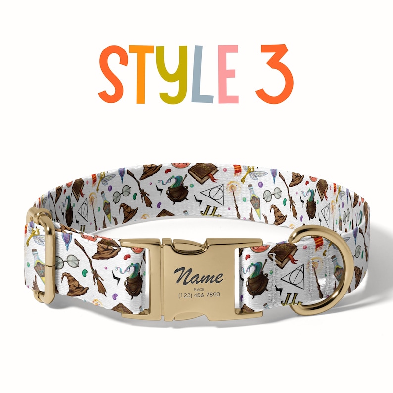 A colorful dog collar with a pattern of various objects, including a witch's hat, broom, and other whimsical items, printed on it. The collar has a gold buckle and the text "STYLE 3" is displayed above it.