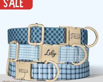 Blue Plaid Dog Collar Personalized Blue Checkered Dog Collar Matching Leash Set Boy Dog Collar With Name Puppy Engraved Collar PP-48