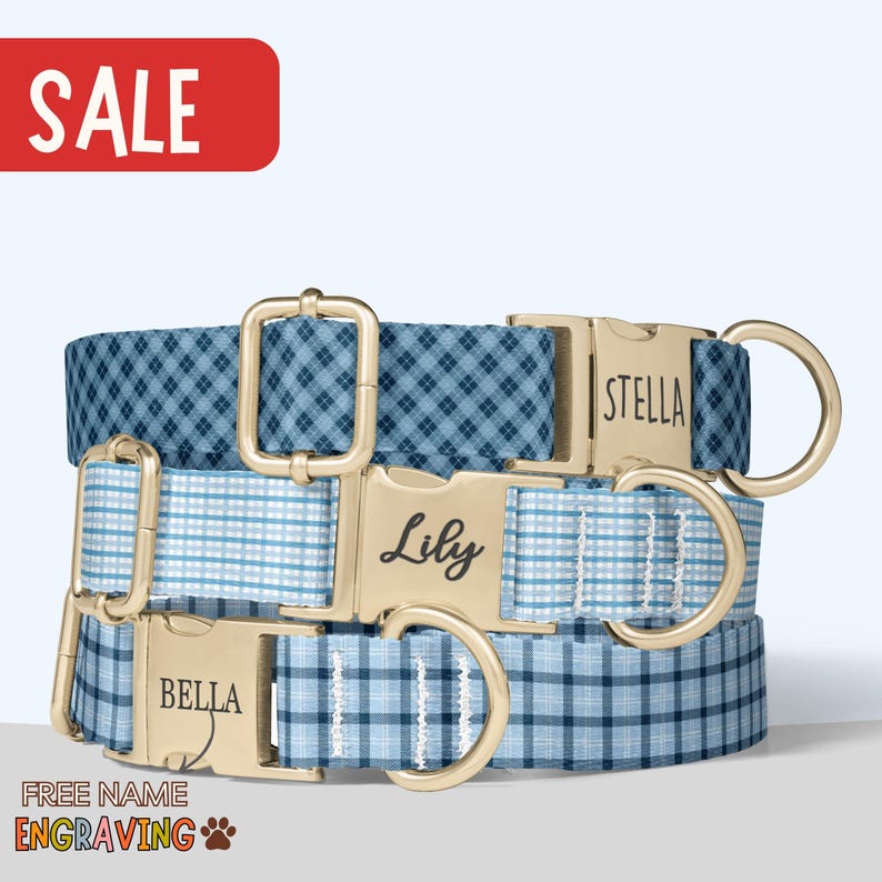 Blue Plaid Dog Collar Personalized Blue Checkered Dog Collar Matching Leash Set Boy Dog Collar With Name Puppy Engraved Collar Metal Buckle