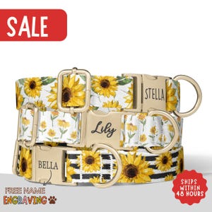 Sunflower Dog Collar Personalized Floral Dog Collar Name Engraved Collar Girl Dog Collar Cute Matching Set Small Medium Large Dog PP-184