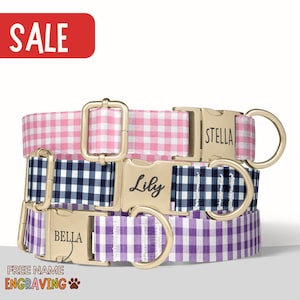 Gingham Dog Collar Personalized Check Dog Collar Plaid Dog Collar With Name Engraved Collar Leash Set Collar  Small Medium Dog Collar PP-78