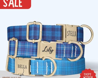 Plaid Dog Collar Personalized Blue Tartan Dog Collar with Name Boy Dog Collar Leash Set Engraved Blue Buffalo Dog Collar Dog Gift PP-105