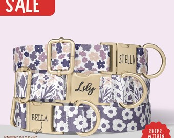Purple Floral Dog Collar Personalized Lavender Dainty Flowers Dog Collar with Name Engraved Dog Collar Girl Dog Collar Boy Set PP-193