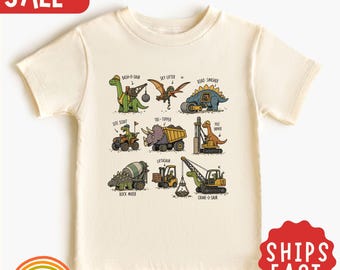 Maglietta per bambini con dinosauri e costruzioni, maglietta divertente con camion dei dinosauri, maglietta per bambini con escavatore e gru, regalo di compleanno per bambino a tema costruzioni.