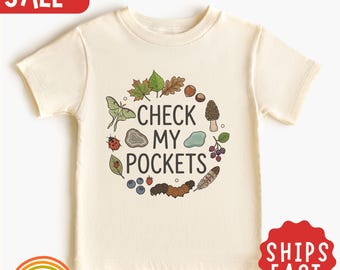 Maglietta per bambini "Controlla le mie tasche", maglietta per bambini a tema natura, maglietta divertente per bambini all'aperto, maglietta per collezionisti di insetti, maglietta per bambini esploratori della natura
