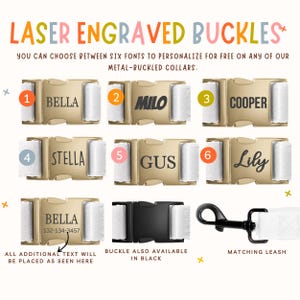 The image is a collage of six different personalized leather buckles, each with a unique name and design. The buckles are labeled with numbers 1 through 6, and the names include Bella, Milo, Cooper, Stella, Gus, and Lily. The buckles are described as laser engraved, and the image also mentions that they can be personalized with additional text. The buckles are available in black and matching leashes, and the image includes a note that all additional text will be placed as seen here.