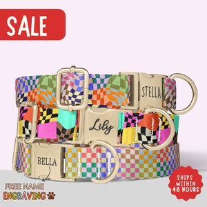 May include: Three colorful dog collars with gold-colored buckles and D-rings. Each collar features a unique geometric pattern in shades of pink, green, orange, and blue. The collars are engraved with the names "Bella", "Lily", and "Stella". The word "SALE" is in a red rectangle.
