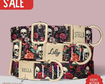 Skull Dog Collar Personalized Dog Collar with Name Engraved Dog Collar With Leash Gothic Floral PP-462