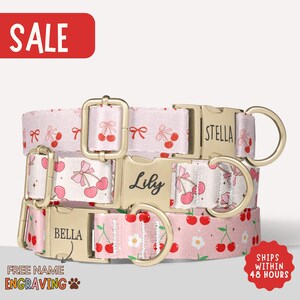 Cherry Dog Collar Retro Girly Dog Collar With Name Pink Personalized Bow Dog Collar Engraved Name Pet Collar Gift Pink Dog Collar PP-209