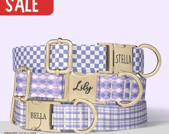 Purple Plaid Dog Collar Personalized Lavender Checker Engraved Name Gingham Dog Collar Purple Girl Dog Collar Small Medium Dog Collar PP-25