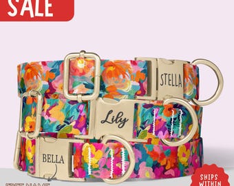 Watercolor Dog Collar Girl Collar With Name Floral Spring Summer Flower Personalized Dog Collar Engraved Name Collar Gift For Puppy PP-242