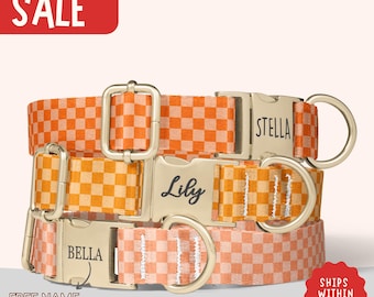 Orange Checkerboard Dog Collar Personalized Dog Collar with Name Engraved Dog Collar With Name Orange Check Collar PP-426
