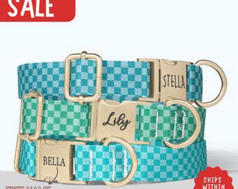 Green Checkerboard Dog Collar Personalized Dog Collar with Name Engraved Dog Collar With Leash Teal Check Collar PP-428