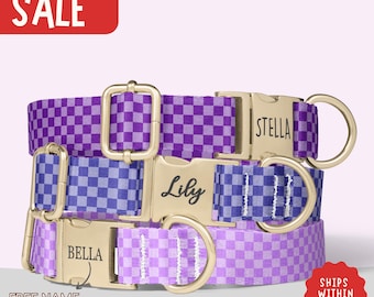 Purple Dog Collar Engraved Dog Collar With Name Girl Dog Collar Lilac Dog Purple Collar Leash Set Checkered Collar Puppy Collar Gift PP-427