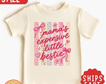 Maglietta per bambina "La piccola migliore amica costosa di mamma", maglietta carina e civettuola per bambini, maglietta rosa con fiocco per bambina, mini maglietta divertente per la mamma, regalo per bambina