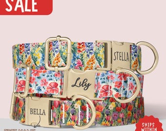 May include: Three floral dog collars with gold-coloured hardware. Each collar features a different name: Lily, Stella, and Bella. The collars are adorned with a colourful floral pattern and the word "SALE" is in the top left corner.