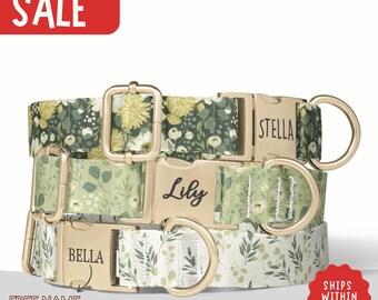 Green Floral Dog Collar Personalized Green Yellow Dainty Flowers Dog Collar with Name Engraved Dog Collar Girl Dog Collar Boy Set PP-222