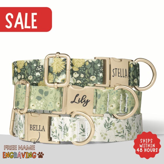 Green Floral Dog Collar Personalized Green Yellow Dainty Flowers Dog Collar with Name Engraved Dog Collar Girl Dog Collar Boy Set PP-222