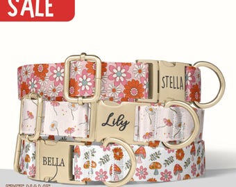 Daisy Pattern Dog Collar Personalized Cottagecore Dog Collar with Name Engraved Mushroom Dog Collar Girl Dog Collar Matching Leash Set PP-44