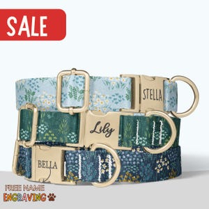 Floral Dog Collar Personalized Blue Flower Dog Collar and Leash Set Dog Collar for Wedding Gift Floral Engraved Name Dog Collar Girl PP-66