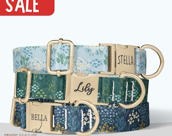 Floral Dog Collar Personalized Blue Flower Dog Collar and Leash Set Dog Collar for Wedding Gift Floral Engraved Name Dog Collar Girl PP-66