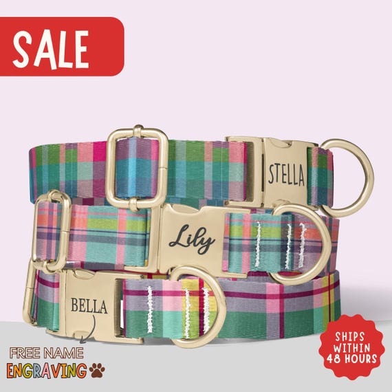Green Plaid Dog Collar Pastel Dog Collar With Name Personalized Preppy Dog Collar Custom Engraved Name Pet Collar Gift For Dog Mom PP-238