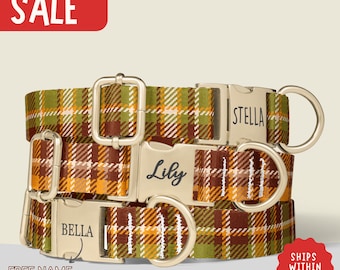 Fall Plaid Dog Collar Engraved Dog Collar Autumn Tartan Collar Scottish Tartan Dog Collar Leash Set Adjustable Dog Collar with Name PP-365