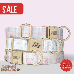 Pastel Dog Collar Bow Dog Collar Engraved Dog Collar Plaid Dog Collar with Name Dog Collar Girl Matching Leash Set Small Medium Dog PP-286