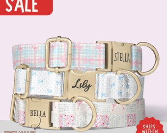 Pastel Dog Collar Bow Dog Collar Engraved Dog Collar Plaid Dog Collar with Name Dog Collar Girl Matching Leash Set Small Medium Dog PP-286