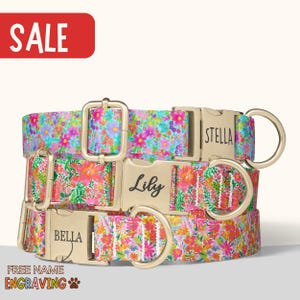Neon Floral Dog Collar Girl Matching Dog Collar Flower Girl Dog Collar Engraved Name Flower Dog Collar Leash Set Birthday Puppy Gift PP-87