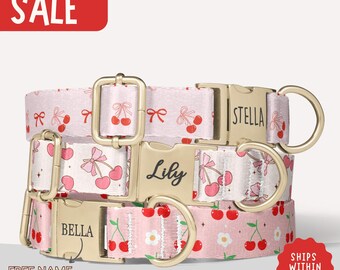 Cherry Dog Collar Retro Girly Dog Collar With Name Pink Personalized Bow Dog Collar Engraved Name Pet Collar Gift Pink Dog Collar PP-209