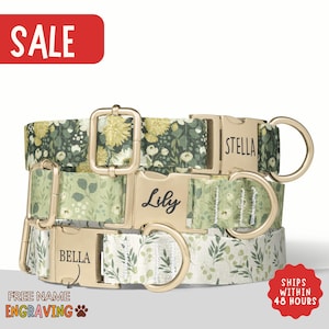 Green Floral Dog Collar Personalized Green Yellow Dainty Flowers Dog Collar with Name Engraved Dog Collar Girl Dog Collar Boy Set PP-222