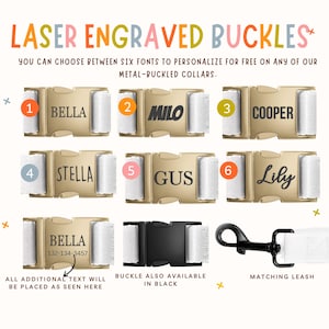 The image is a collage of six different personalized leather buckles, each with a unique name and design. The buckles are labeled with numbers 1 through 6, and the names include Bella, Milo, Cooper, Stella, Gus, and Lily. The buckles are described as laser engraved, and the image also mentions that they can be personalized with additional text. The buckles are available in black and matching leashes, and the image includes a note that all additional text will be placed as seen here.