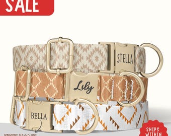 Aztec Dog Collar Personalized Neutral Tribal Dog Collar with Name Boho Southwest Girl Boy Dog Collar Leash Set Engraved Dog Collar PP-252