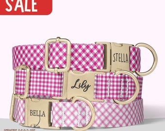 Buffalo Plaid Dog Collar Personalized Pink Checker Dog Collar Girl Engraved Name Matching Leash Set Pink Gingham Pink Girl Dog Gift PP-50