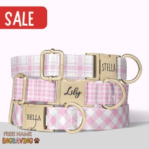 Collar de perro a cuadros rosa, personalizado, con nombre grabado, para niña, niño, talla pequeña y mediana. PP-24