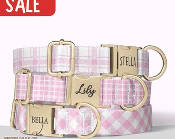 Pink Plaid Dog Collar Personalized Pink Gingham Dog Collar with Name Engraved Collar Girl Dog Collar Boy Matching Set Small Medium Dog PP-24