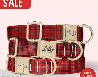 Red Buffalo Dog Collar Personalized Tartan Plaid Dog Collar with Name Girl Dog Collar Leash Set Engraved Dog Collar Dog Gift PP-101
