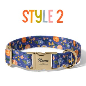 a blue floral dog collar with a name tag