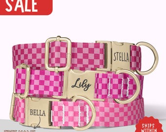 Pink Dog Collar with Engraved Name Checkered Dog Collar for Girl Dog Pink Plaid Dog Collar Plaid Summer Puppy Collar New Dog Mom Gift PP-425