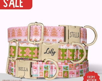 Christmas Cookie Dog Collar Personalized Gingerbread Holiday Dog Collar with Name Engraved Dog Collar Matching Leash Set Puppy Gifts PP-442