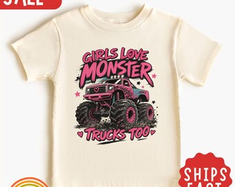 Anche le bambine adorano i monster truck! Maglietta per bambine, maglietta rosa con monster truck, maglietta carina con camioncino per bambine, regalo per bambina con monster truck