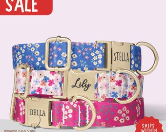 Pink Floral Dog Collar Personalized Blue Pink Dainty Flowers Dog Collar with Name Engraved Dog Collar Girl Dog Collar Boy Set PP-232