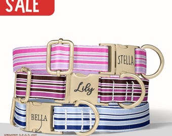 Striped Dog Collar Personalized Colorful Pet Colla Girl Dog Collar With Name Custom Dog Collar with Matching Leash Small Medium Dog PP-83