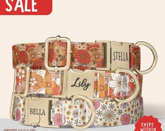 Retro Flower Dog Collars 70s Floral Dog Collar Personalized Dog Collar with Name Boho Floral Dog Collar Leash Set Metal Buckle PP-262
