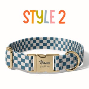 a blue and white checkered dog collar with a name tag