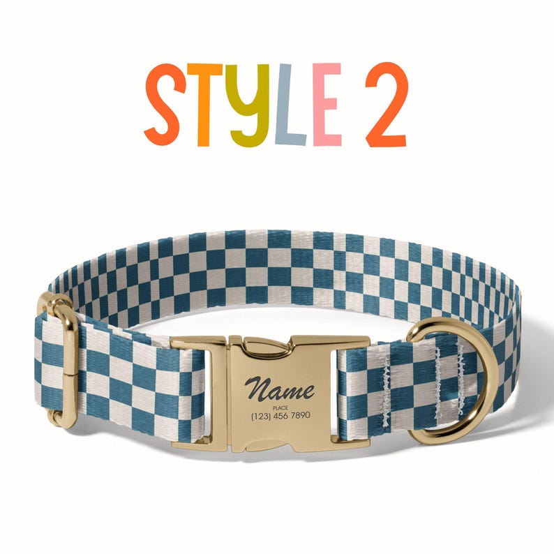 a blue and white checkered dog collar with a name tag