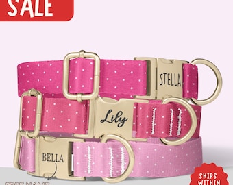 Pink Pokka Dot Dog Collar Personalized Dog Collar with Name Engraved Dog Collar Leash With Leash PP-415